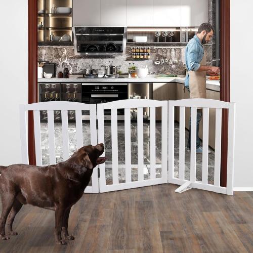 WHITE ZJSF Foldable Freestanding Indoor Dog Gate for House Wood White Long Pet Gates Dog Fence for Stairs Puppy Gates for Hallways,Pet Fence, Puppy Gate,Support Feet Included 24 Height-3 Panels