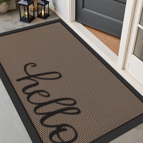 LUMI Outside Welcome Door Mat 32x47, Non-Slip Durable Rubber Easy Clean | Hello Print, Stain Resistant, Low-Profile Dirt Trapper Entrance Doormats, For Back Door Entryway Porch Garage