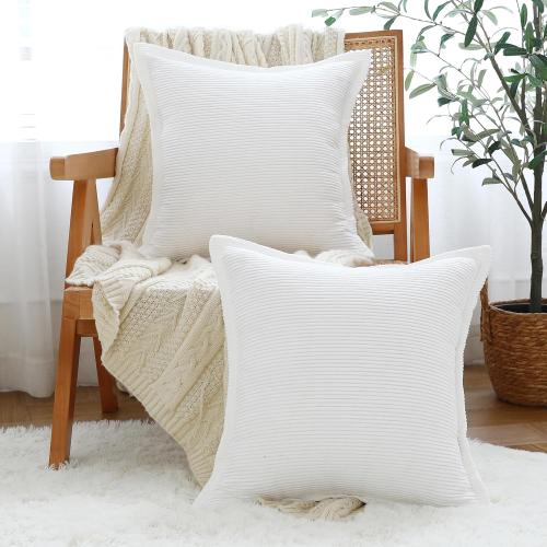 LIGICKY Set of 2 White Corduroy Throw Pillow Covers 18 x 18 inch Decorative Neutral Striped Textured Pattern Cushion Cover Soft Wide Edge Square Cushion Cases for Sofa Bedroom Couch Party Décor