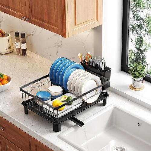 SNTD Dish Drying Rack - Small Dish Rack for Kitchen Counter, Stainless Steel Dish Drainer with Utensil Holder and Drainboard, 11 W x 15 L (Black)