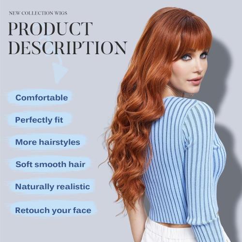 Orange Wigs with Bangs,Ginger Long Wavy Wig for Women,Long Curly Synthetic Hair Wig for Party Daily Use 24IN