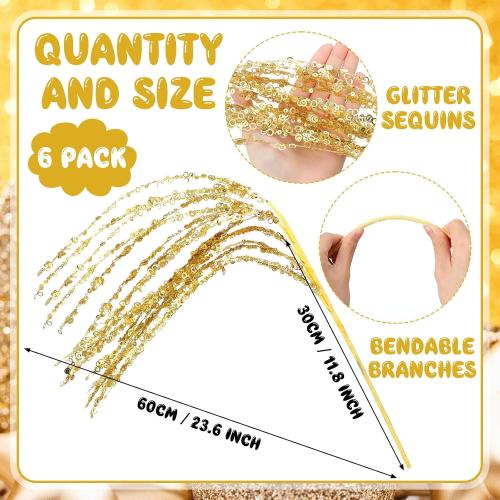 6 Pcs Gold Glitter Christmas Picks and Sprays 23.62 Artificial Sequins Twigs Stems Ornaments Decorative Willow Ting Branches for Xmas Tree DIY Wreath Crafts Tree Topper Vase Filler Decor
