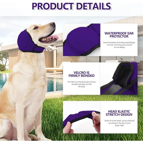 Dog Ear Muffs & No Shake Ear Wrap for Hematoma, Bathing, Drying & Noise Anxiety Relief - Elastic Waterproof Ear Protector with Calming Hoodie Design for Grooming (Purple, L)
