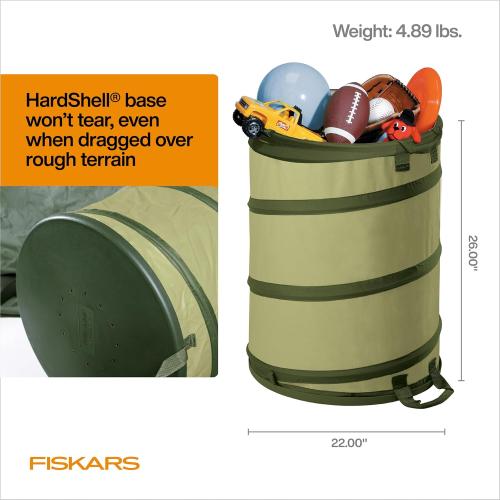Fiskars Kangaroo Collapsible Garden Bag with Heavy Duty Hardshell Bottom for Leaf and Yard Waste, 30-Gallon Reusable Container for Lawn Care and Gardening