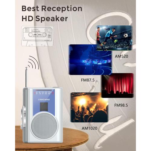 Gracioso Protable Cassette Player: AM FM Compact Cassette Tape Player with 3.5mm Headphone,Big Speaker & Earphone Jack, Build in Microphone,Cassette Recorder Player Powered by DC or AA Battery