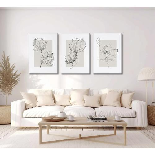 3Pcs Neutral Botanical Canvas Wall Art Beige Simple floral Painting Pictures Wall Decor Vintage Line flower Poster Print Artwork for Living Room Bedroom Bathroom Scene Home Decoration