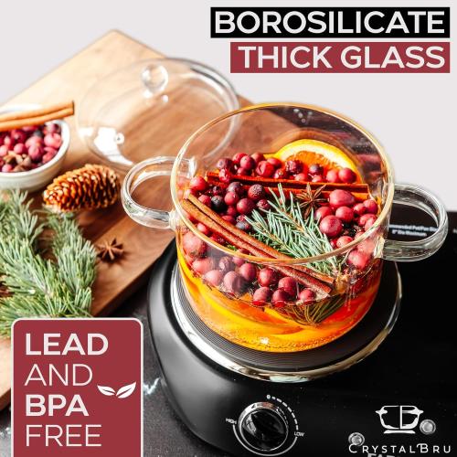 2L Clear Glass Simmer Pot with Lid & Strainer | Heat-Resistant Borosilicate Glass Pot for Pasta, Soup, Baby Food & Milk | Electric Simmer Tool for Home Fragrance | Anti-Scald Handles Missing Tap