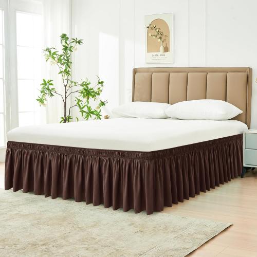 Biscaynebay Wrap Around Bed Skirts for Queen Beds 17 Long Drop, Brown*** Adjustable Elastic Dust Ruffles Easy Fit Wrinkle & Fade Resistant Silky Luxurious Fabric Solid Machine Washable Queen size