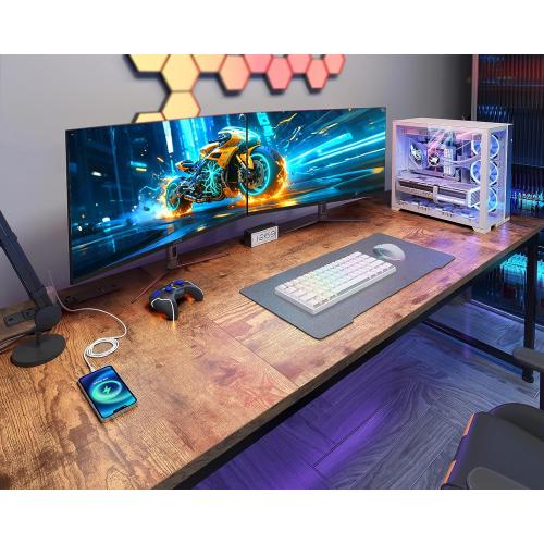 Coleshome 71 Inch Computer Desk with USB Ports, Large Office Desk, Long Study Student Writing Desk, Rustic Brown