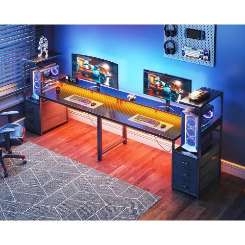 AODK Gaming Desk w/PC Showcase Stand, 59 Reversible, RGB LED, Black | Elevated stand fits Lian Li O11, Hyte Y60. Triple drawers hide cables, controllers, clutter
