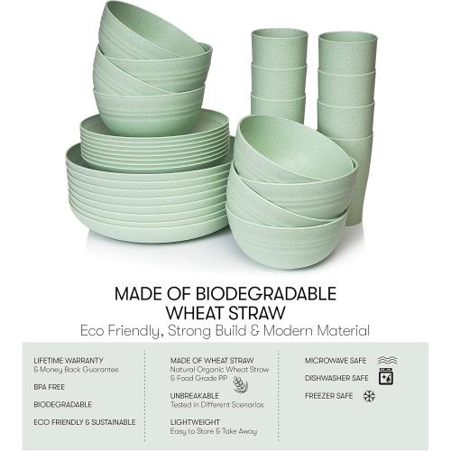 32pcs Color Green Wheat Straw Dinnerware Sets | Unbreakable Dinnerware Sets | Dishwasher Microwave Safe Dinnerware | Eco Friendly Non Breakable Dinnerware Sets | RV Outdoor Camping (Green, Service for 8 (32 pcs))