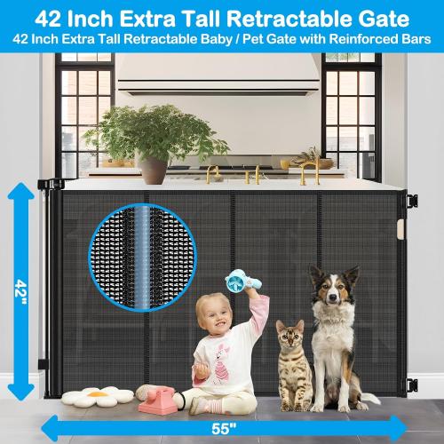 Reinforced 42 Inch Extra Tall Retractable Dog Gate with Reinforced Strips 55 Inch Wide Retractable Baby Gates for Doorways Anti-Scratch Extra Tall Dog Gate Outdoor Pet Gates for Dogs Indoor, Black