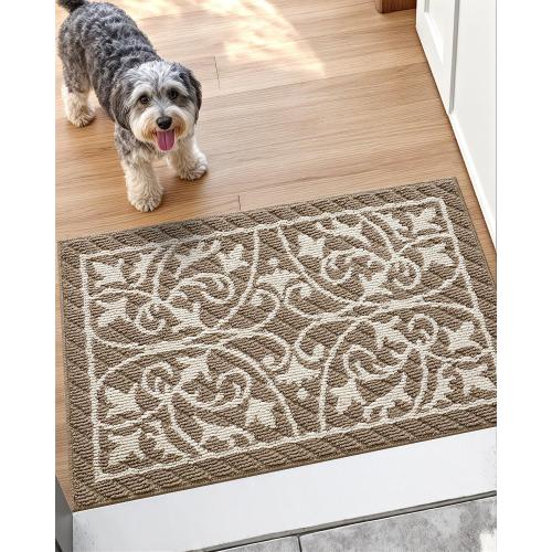 DEXI Front Door Mat Entryway, Inside Welcome Entrance Doormat Low Profile Thin, Non Slip Washable Entry Mats for House Floor Dirt Trapper, 24x36, Brown