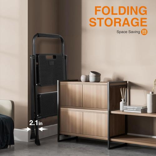 Size 2 Step Ladder color Black , Protable Steel Folding Stool with Wide Anti-Slip Pedal, 500lbs Sturdy Steel Ladder, Black