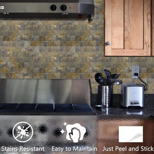 12-Pack PVC Peel and Stick Tile Backsplash, 12''X12'' Bronze and Cyan Slate