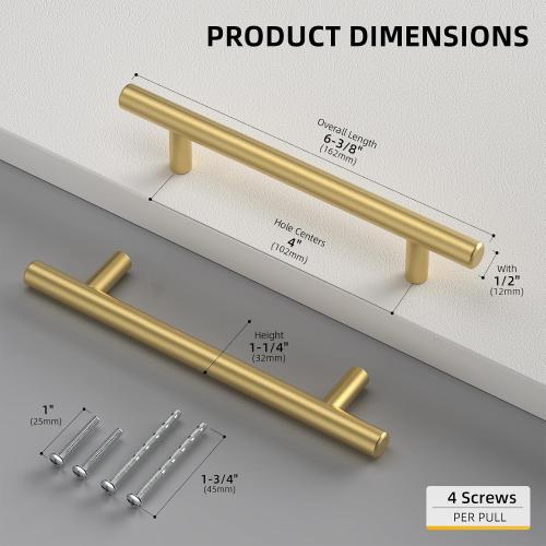 Goldenwarm 5 Pack 4 inch Gold Cabinet Handles Brushed Gold Cabinet Pulls