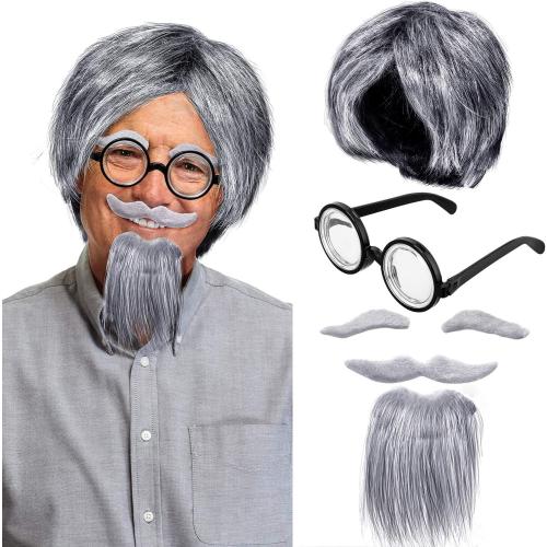 WILLBOND Old Man Cosplay Costume Grandpa Wig Set with Glasses, Grey Wig Eyebrows and Mustache for Halloween Cosplay Party