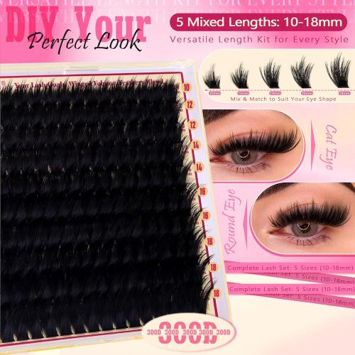 Volume Lash Clusters with Spiky Manga Lash Clusters 300D Eyelash Clusters 10-18MM Thick Wispy D Curl Cluster Eyelash Extensions 3D Fluffy Cluster Eyelash Extensions by FANXITON