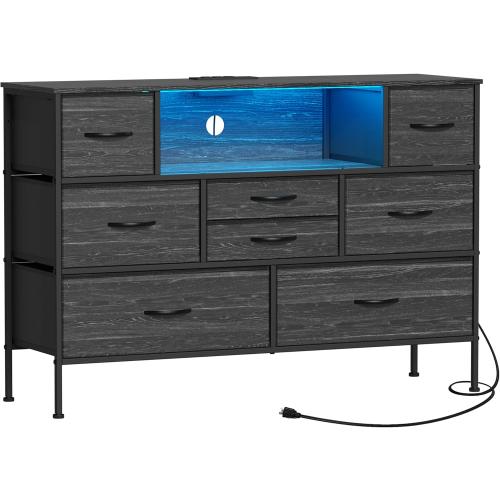 Charcoal black Wide Dresser with Charging Station and LED Light for Bedroom 8 Fabric Drawers Chest of Drawers with Power Outlet Storage Open Shelf for Living Room TV Stand Closet Hallway (Charcoal Black)
