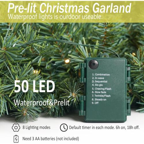 Christmas Garland 9ft with 50 Led, 330 Tips Prelit Fraser Fir Garland with 50 LED Lights, Lush and Classics Green Style for Indoor Outdoor Home Xmas Decoration