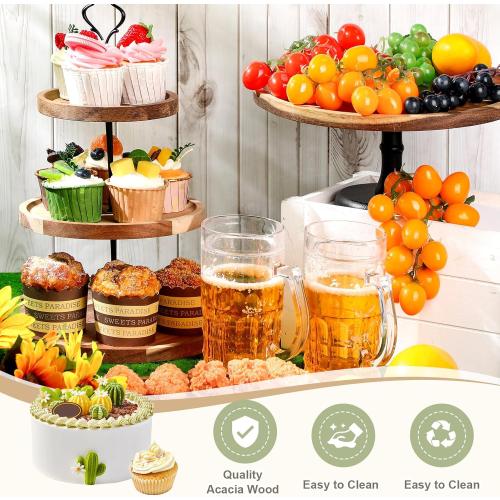 Havawish 7 Pcs Wood Dessert Table Display Set, 3 Tier Wooden Cupcake Stand Round Cake Stand Rectangular Serving Tray Platter for Display Tea Party Wedding Farmhouse(Natural Color)