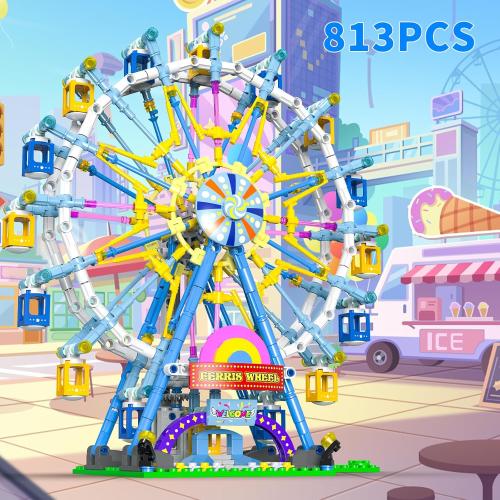 2025 Newly Upgrade Ferris Wheel Building Set with Fairy Light, Two-Way Rotating Ferris Wheel Building Blocks Set of 813 PCS, Amusement Park Model Kit for Kids Ages 8 , Ideas Gift for Boys and Girls