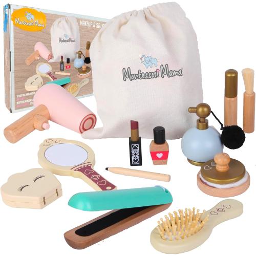 Montessori Mama Makeup and Salon Set - Wooden Pretend Play Beauty Play Makeup Kit with Styling Tools and Cosmetics - Pretend Makeup for Toddlers for 4 Year Old Girl