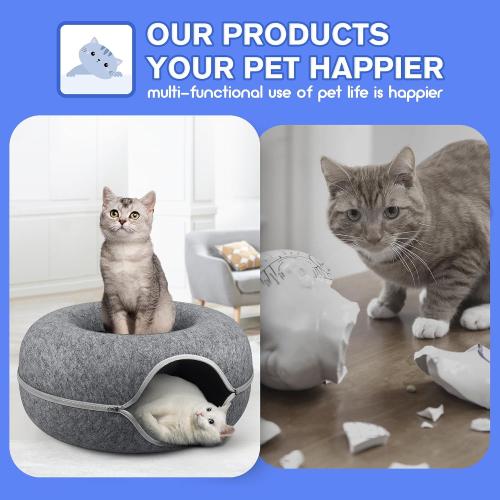 Size 24 x 24 x 11, Dark Grey, 2 PCS Tunnel Bed Peekaboo Cave for Multiple & Large Cats, Scratch Resistant, Washable & Detachable Round Felt Donut Tunnel up to 24 Lbs, 24 x 24 x 11, Dark Grey, 2 PCS