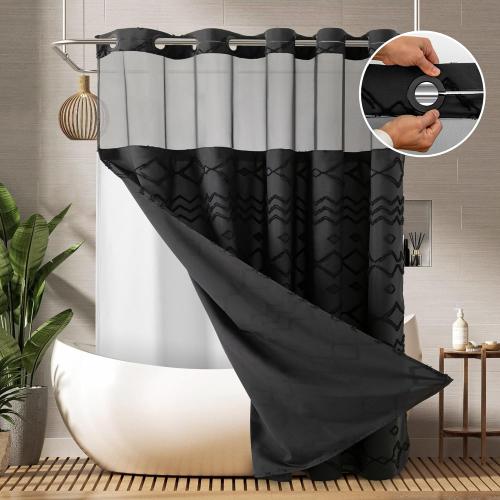 No Hooks Required Boho Farmhouse Shower Curtain Tufted Chevron Striped with Snap in Liner - 72W x 80H, Water Resistant Hotel Grade Spa Like Bathroom Curtain Set, Black