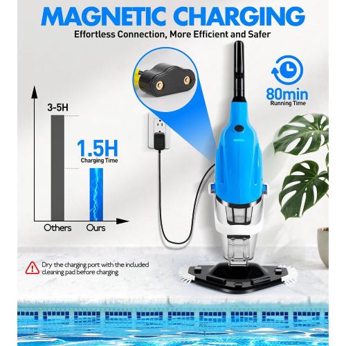 KlrSwp Cordless Pool Vacuum for Above Ground Pool, Magnetic Charging Handheld Pool Vacuum Cleaner, Anti-backflow Design Spa Vacuum for Hot Tub with Telescopic Pole | 18.5GPM Suction, 80-Min Runtime