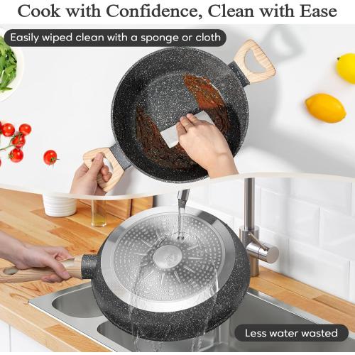 12 Pcs Pots and Pans Set, Nonstick Cookware Sets Black Granite Induction Cookware, Non-toxic Healthy Non Stick Kitchen Cooking Set with Frying Pans Set, Saucepans,Steamer (PFAS, PFOA, PFOS Free)