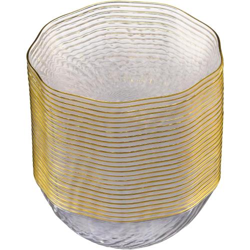 PLASTICPRO 19 Pack Elegant Plastic Plates 14 ounce Bowls Clear with Gold Rim Spiral Design Disposable Plastic Dinner Bowls