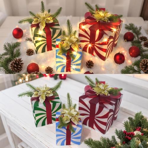 COLORFUL CANDY CANE Uieke Set of 3 Christmas Lighted Gift Boxes Christmas Decorations, 60 LED Lights Present Boxes Ornament with Red Green and Blue Stripe for Xmas Tree Indoor Yard Home Party Gift Box Decorations