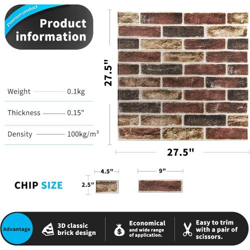 Art3d 20-Pack Size 105 Sq.Ft Faux Brick 3D Wall Panels Peel and Stick in Red Brown, Self Adhesive Waterproof Foam Wallpaper for Bedroom, Bathroom, Kitchen