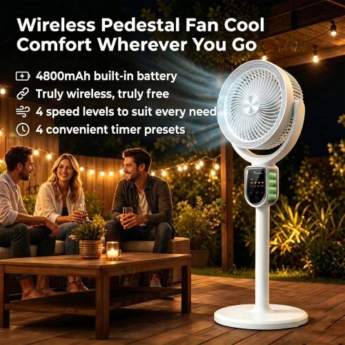 Cordless Pedestal Fan with Remote, 90° Oscillation Air Circulator, Natural Wind Mode, 4 Speeds   Timer, Quiet Standing Fan for Bedroom, Outdoor Patio, Rechargeable, White