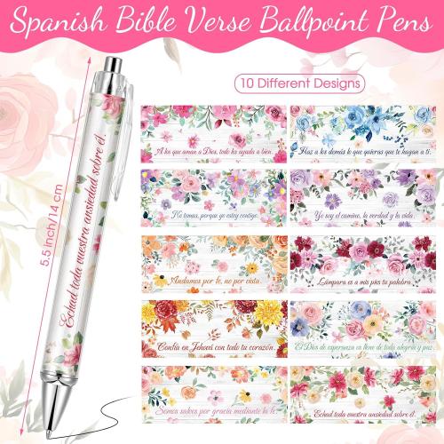 13 Pcs Spanish Bible Verse Ballpoint Pens Christian Gifts for Women Inspirational Religious Pens Bulk Appreciation Gifts for Staff Employee Coworker Office Church Floral Flower Pens
