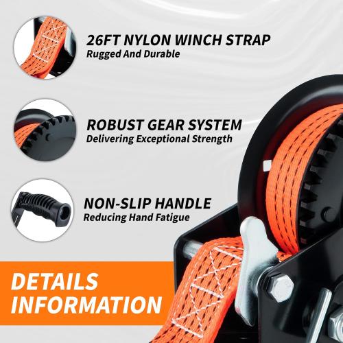 AC-DK 1600lbs Heavy Duty Boat Trailer Winch with 26FT Strap, 2-Way Ratchet & 4:1 Gear Trailer Winch, Portable Hand Crank Winch for Boat, Truck, Trailer, RV, ATV, Jet Ski
