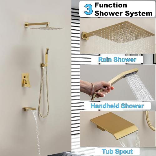 Shower System with Tub Spout, Shower Faucet Set with 10 Inch Rain Showerhead Handheld Shower Tub Spout, Wall Mounted High-Pressure Showerhead Combo Set Included Valve and Trim, Brushed Gold