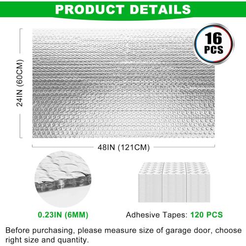 16P Garage Door Insulation Panels Kit 0.24T Double Bubble Reflective Aluminum Foil 6MM Sheet Thermal Pre-Cut Insulation Shield 120 Tapes Winter Clod and Summer Heat for Attic Garage Wall (24 x 48)