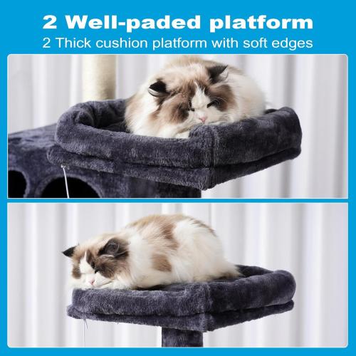 Hey-brother Large Multi-Level Cat Tree Condo Furniture with Sisal-Covered Scratching Posts, 2 Bigger Plush Condos, Perch Hammock for Kittens, Cats and Pets Smoky Gray MPJ020G