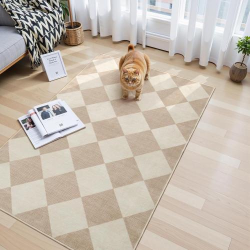 Beeiva Checkered Print 3x5 Washable Area Rug for Bedroom, Non Slip Ultra Thin Beige Entryway Rug Non Shedding Kitchen Rug 3x5, Modern Checkerboard Carpet Plaid Decor for Bathroom Office Nursery