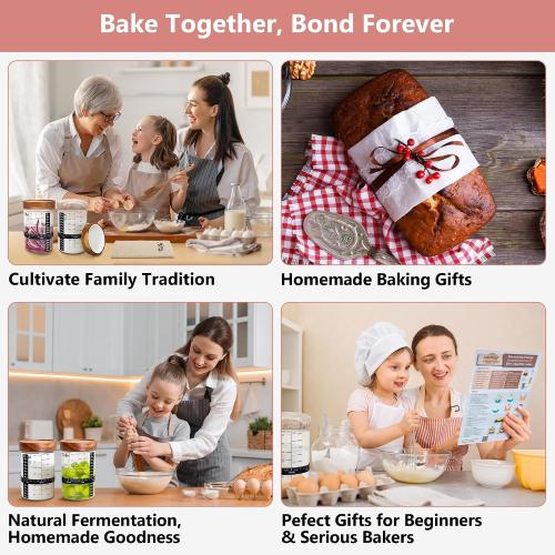 KIIZYS Sourdough Starter Kit – 2 x 34 oz Wide-mouthed Glass Jars, with Acacia Koa & Beechwood Utensils & Lids – Organic Cotton Fabrics, Tracker Bands, & Temp Stickers - Sourdough Bread Baking