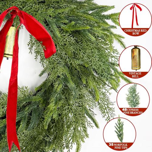 24 Large Christmas Wreaths for Front Door Thick Outdoor Christmas Wreath with Norfolk Pine Cypress Branches Gold Cow Bell Red Bow Soft Artificial Xmas Wreath for Home Door Window Wall Porch Indoor