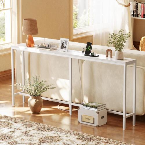 SUPERJARE 70 Inch Console Table with Outlet, Sofa Table with Charging Station, Narrow Entryway Table, Skinny Hallway Table, Behind Couch Table, for Living Room, White