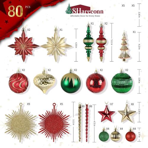 SHareconn 80pcs Christmas Balls Ornaments Set, Contemporary Luxury Gift Set, Shatterproof Plastic Decor for Xmas Tree Holiday Wedding Party Decorations with Hanging Strings, Red Green and Gold