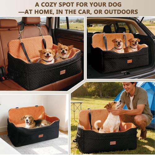 Vivifying Dog Car Seat for Back Seat, Booster Travel Bed for Medium Large Dogs or 2 Small Dogs, 4 Raised Foam Cushion, Safety Leash & Washable Cover, Soft Dog Booster Seat for Cars, Trucks & SUVs