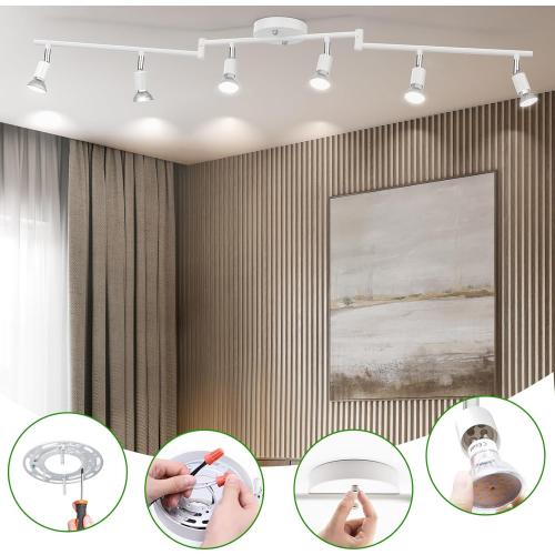 AIBOO Track Lighting Kit, Modern White Ceiling Spot Lighting with Flexibly Rotatable Light Heads, 6 Track Lights for Room/Hallway/Kitchen (GU10 Bulbs Not Included)