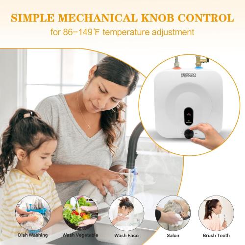 2.5 Gallon Mini Tank Water Heater Under Sink Hot Water 1500W 120V Water Heaters for RV Kitchen RV 1/2”NPT Stainless Steel Hose 3-way Fitting White