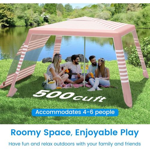 MoKo Beach Cabana, 8'×8' Large Beach Canopy with Side Wall, UPF 50  Protection Easy Setup Beach Tent Sun Shelter, Adjustable Height Wind Resistant Cabana Beach Tent for Whole Family, Pink Stripe