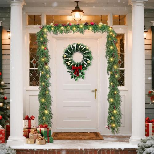 Norfolk Pine Garlands with Light ，Pre-Lit Christmas Garland,Dense Norfolk Pine Real Touch Garlandfor Table, Mantle, Staires, Wall, Premium Indoor/Outdoor Christmas Decorations (2, 6ft)
